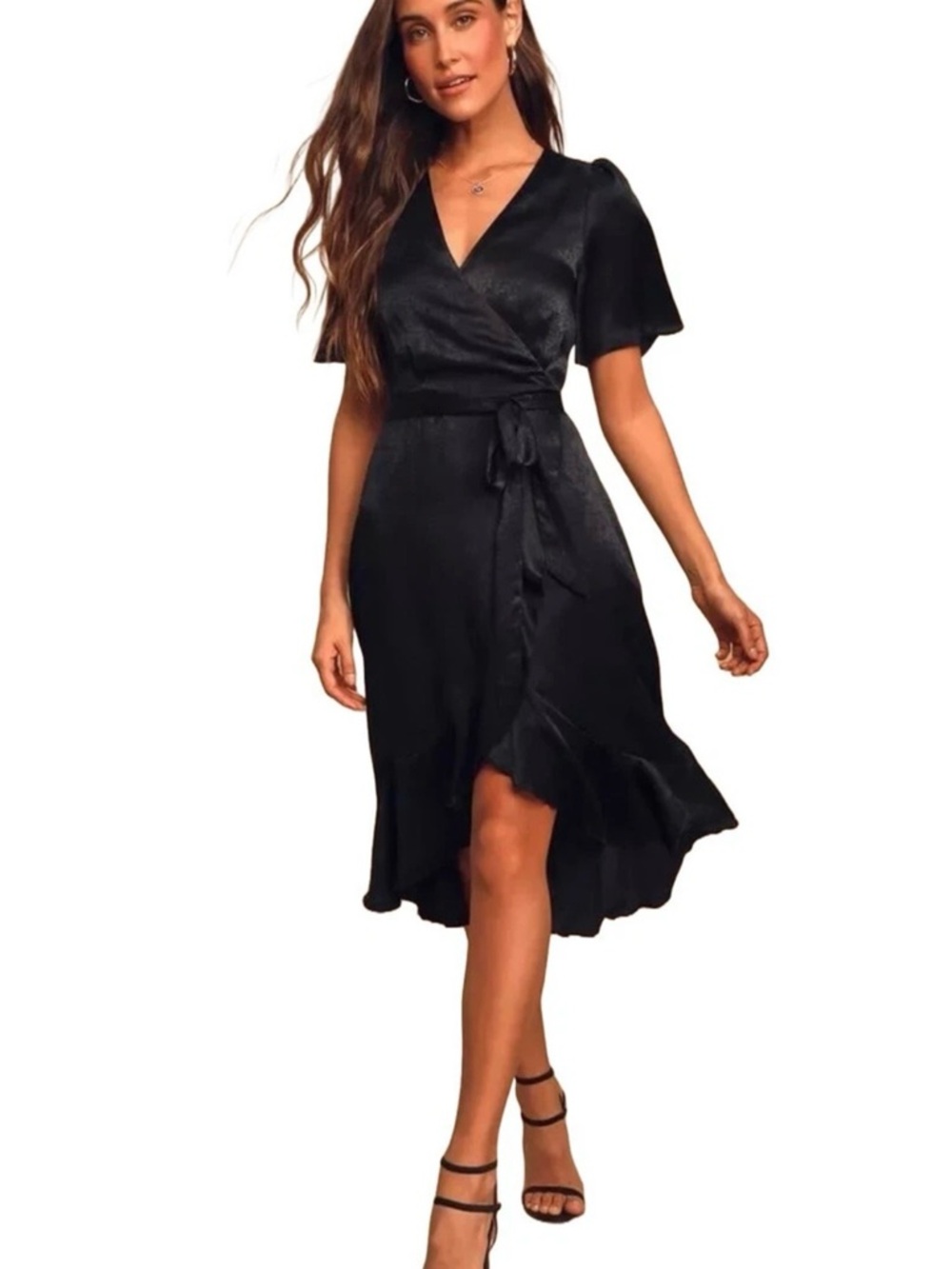 NEW Lulus Black Satin Wrap Midi Dress Size Small Flutter Sleeve
